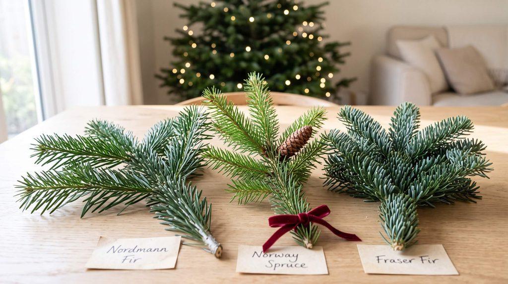 Nordmann fir, Norway spruce and Fraser fir branches side by side with name cards, showing the differences in needle length and colour